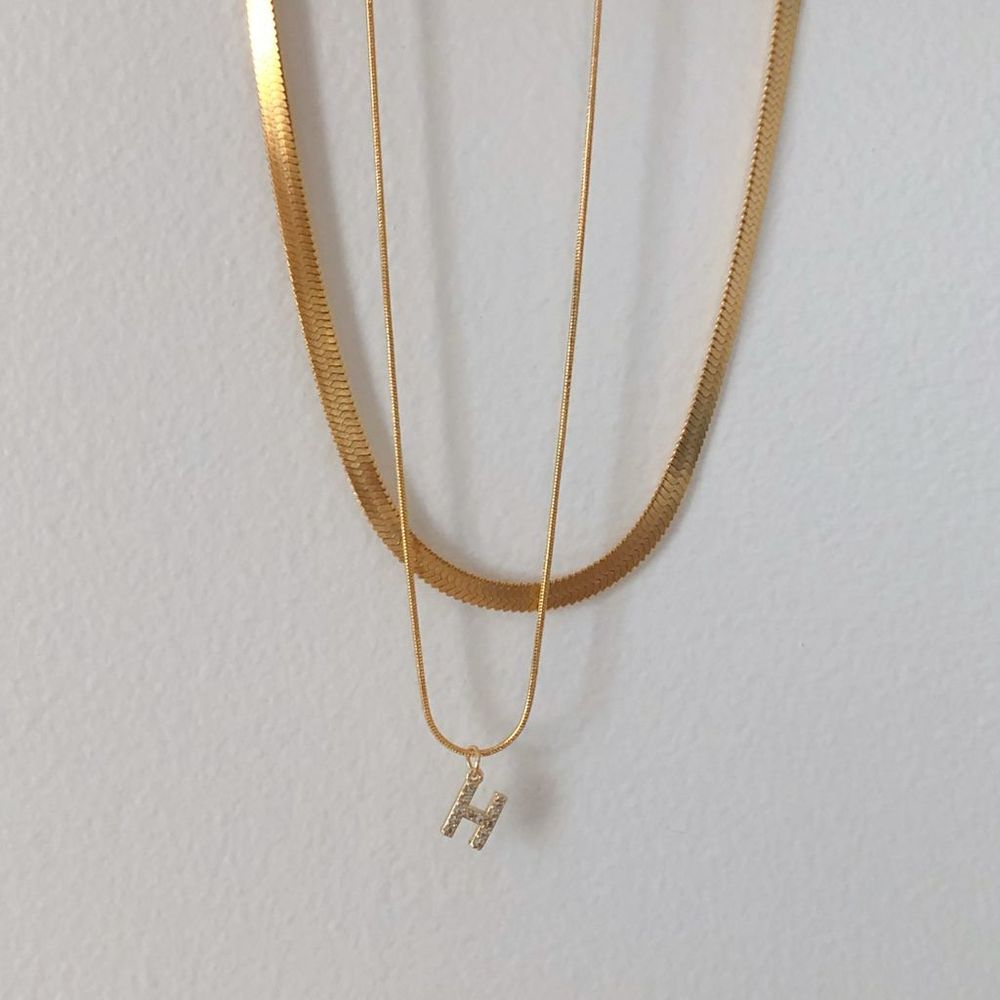 18K Gold Plated Double Layered Initial Letter H Bold Snake Herringbone Necklace - Picture 4 of 4